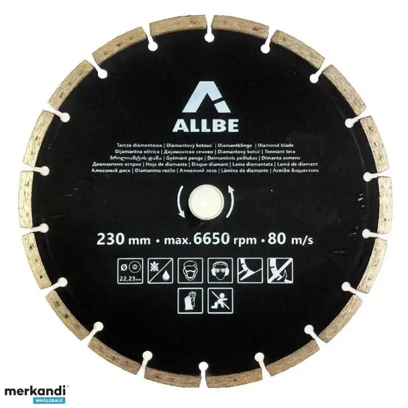 Zwarte gesegmenteerde diamantschijf van 230 mm met witte tekst en pictogrammen.