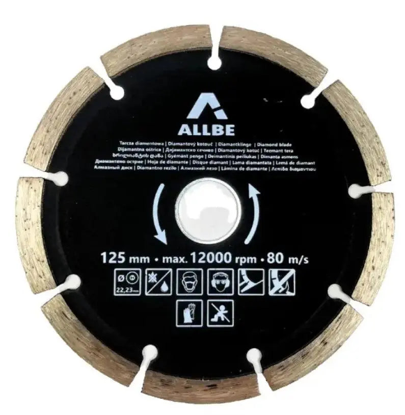 Een gesegmenteerde diamantschijf van 125 mm met merknaam ALLBE en specificaties.