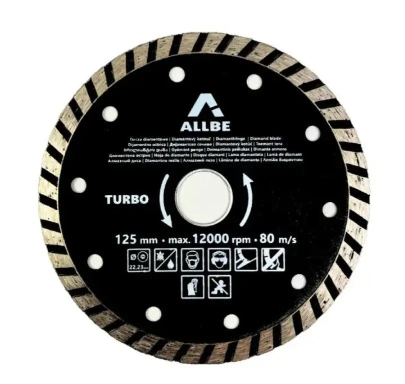 Ronde diamantschijf met "ALLBE TURBO" en specificaties in het midden.
