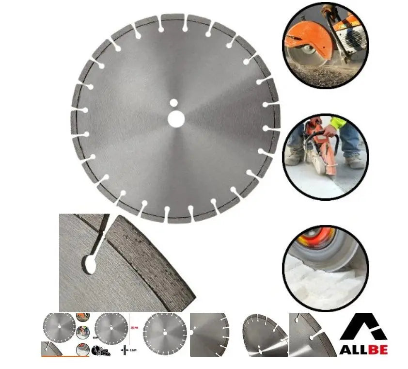 Gesegmenteerde diamantschijf van 350 mm met toepassingsvoorbeelden.