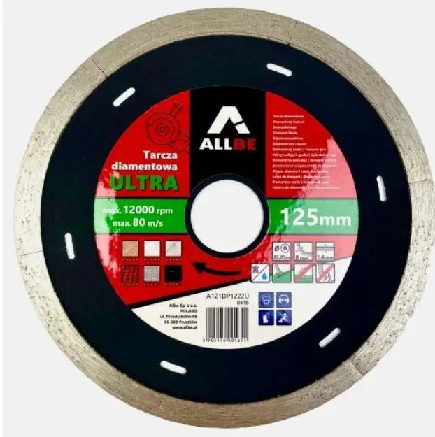 Diamantschijf voor tegels van 125mm met een maximale snelheid van 12000 rpm.