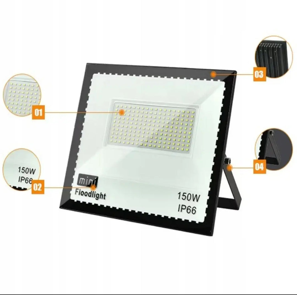 Zwarte 150W LED schijnwerper met IP66-classificatie en gedetailleerde close-ups.