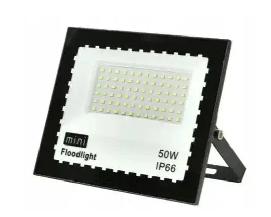 Zwarte 50W LED bouwlamp met "mini Floodlight" en "50W IP66" tekst.