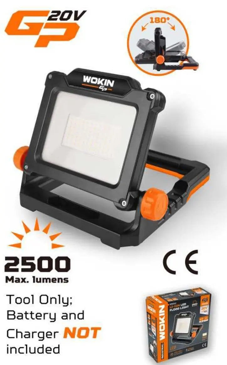 Een zwarte Wokin 20V accu LI-ION LED schijnwerper met oranje accenten en 2500 lumen.