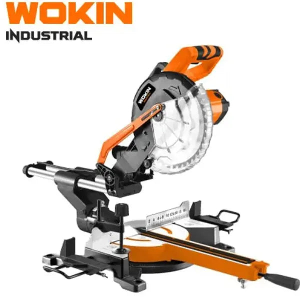 Een oranje en zwarte WOKIN afkortzaag van 255 mm met een transparante zaagkap.