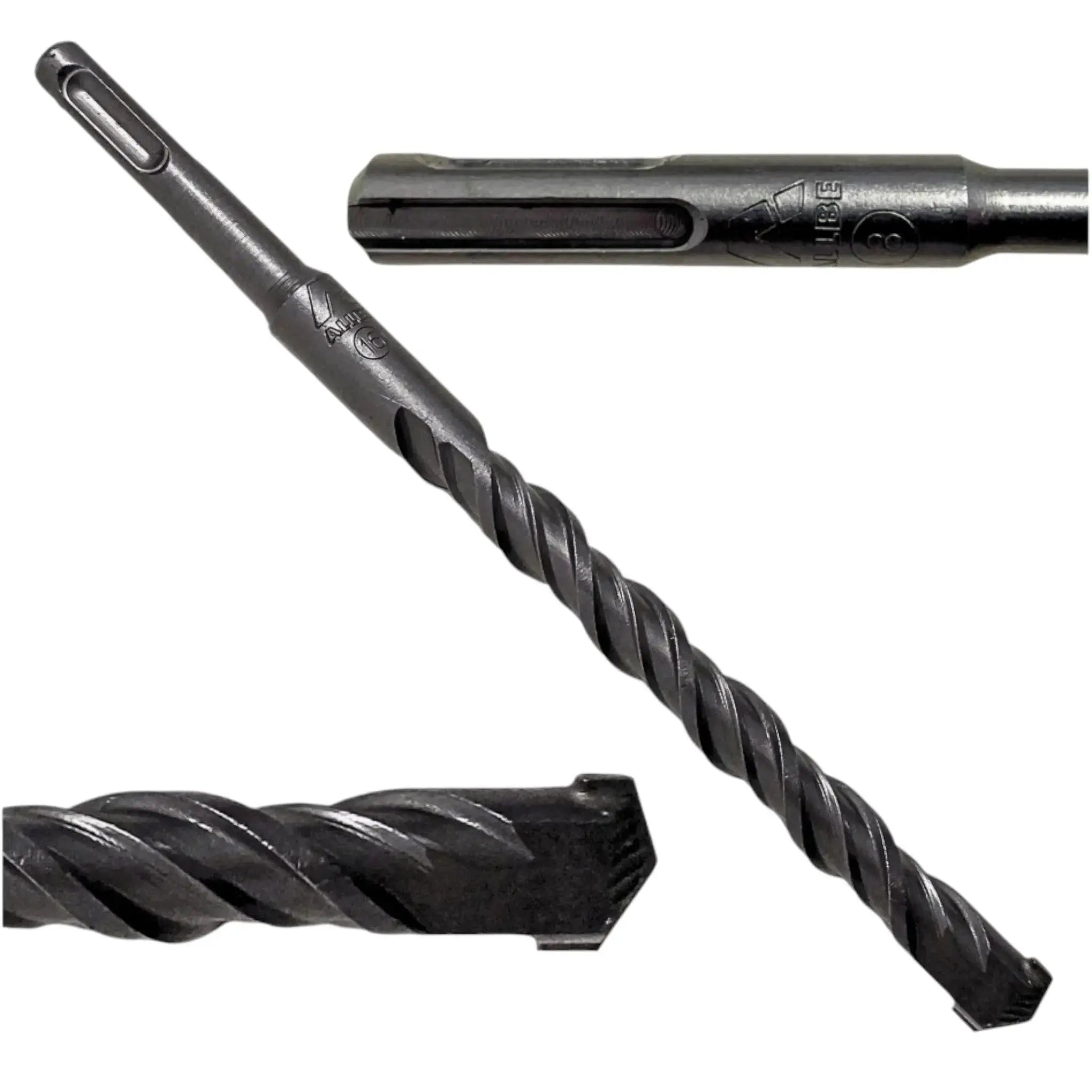 Een donkergrijze SDS+ betonboor van 6 mm met een spiraalvormige schacht en tweesnijdende kop.