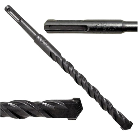 Een donkergrijze SDS+ betonboor van 6 mm met een spiraalvormige schacht en tweesnijdende kop.