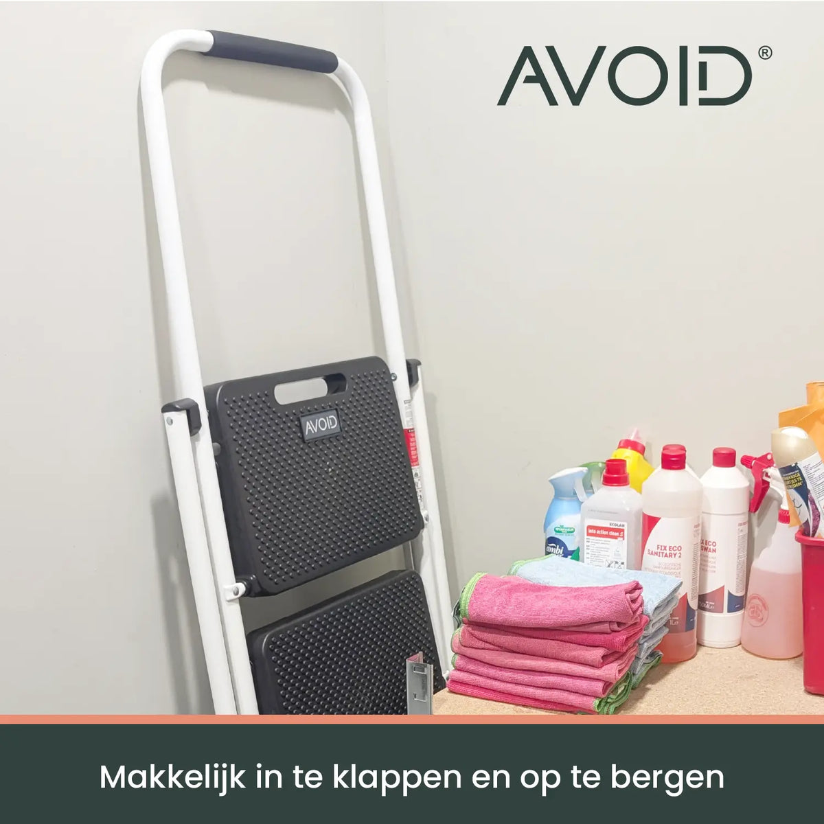 AVOID Huishoudtrap – Keukentrap Opstapkrukje – Inklapbare Trapladder – Wit – Veilig & Stabiel Avoid