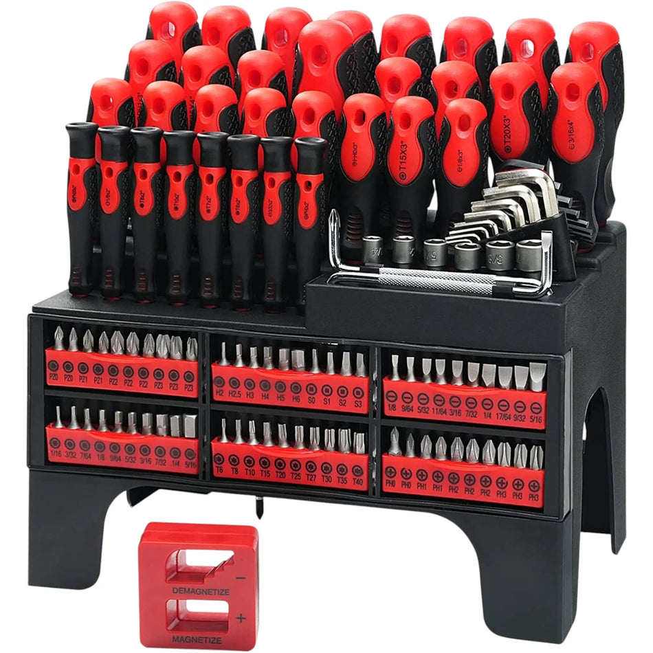 Een 118-delige magnetische schroevendraaierset in een zwarte standaard met rode accenten.