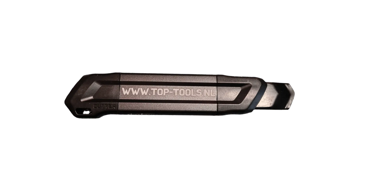 Een zwart en donkergrijs breekmes van metaal en ABS met de tekst "WWW.TOP-TOOLS.NL".