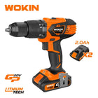 Een oranje en zwarte Wokin 20V klopboor-/schroefmachine met twee 2.0Ah accu's.