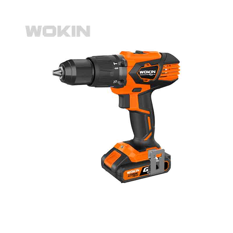 Een oranje en zwarte Wokin klopboor-/schroefmachine met een 20V lithiumbatterij.