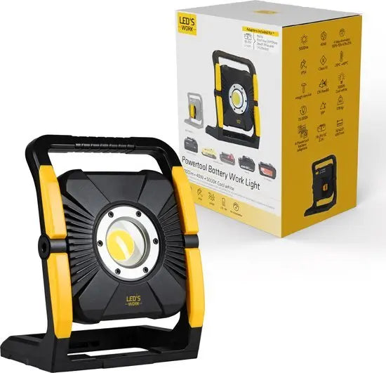 LED's Work 18V Acculamp Werklamp - Incl Adapters - LED Werklamp 5000lm – Klasse 3 • IP54 • IK08 • Dimbaar • Compatibel met Makita, Bosch, DeWalt & Metabo LED.nl