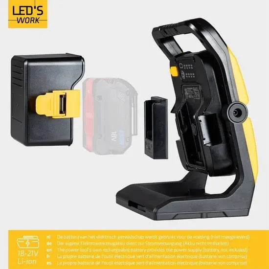LED's Work 18V Acculamp Werklamp - Incl Adapters - LED Werklamp 5000lm – Klasse 3 • IP54 • IK08 • Dimbaar • Compatibel met Makita, Bosch, DeWalt & Metabo LED.nl