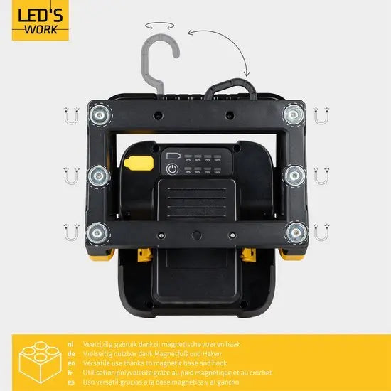 LED's Work 18V Acculamp Werklamp - Incl Adapters - LED Werklamp 5000lm – Klasse 3 • IP54 • IK08 • Dimbaar • Compatibel met Makita, Bosch, DeWalt & Metabo LED.nl