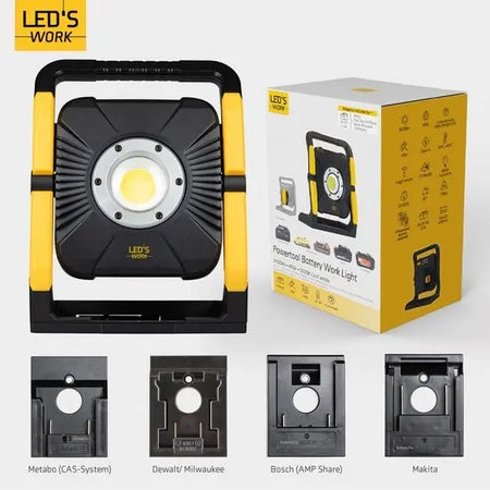LED's Work 18V Acculamp Werklamp - Incl Adapters - LED Werklamp 5000lm – Klasse 3 • IP54 • IK08 • Dimbaar • Compatibel met Makita, Bosch, DeWalt & Metabo LED.nl