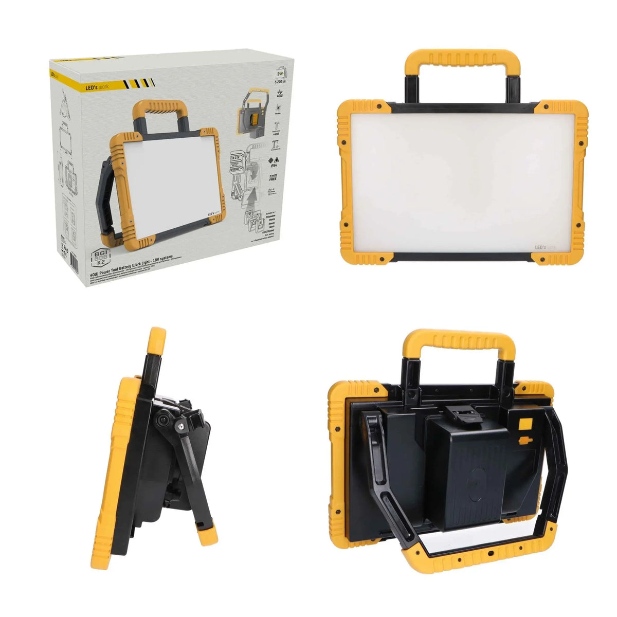 LED's Work Draadloze LED Bouwlamp 5200 - Werkt op accu's van Makita, Bosch, Dewalt, Milwaukee, Metabo – IP54 LED.nl