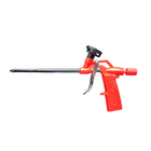 Een rood en zwart montageschuim/pur pistool met een lange metalen loop.