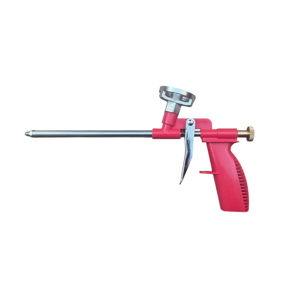 Een rood PUR schuimpistool met een zilveren loop en mondstuk.