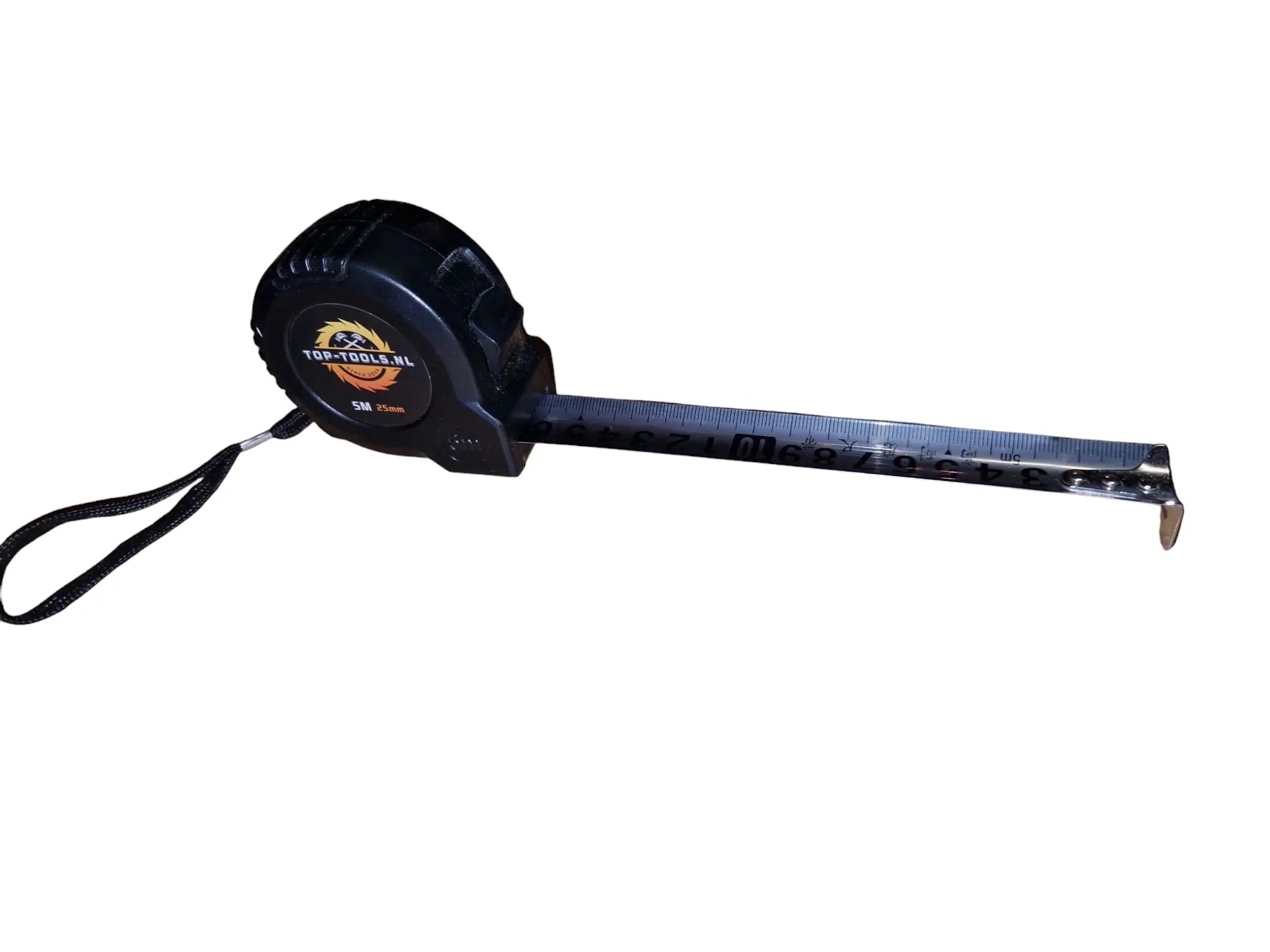 Zwarte rolmaat van 5 meter met het Top-Tools.nl logo en een polsbandje.