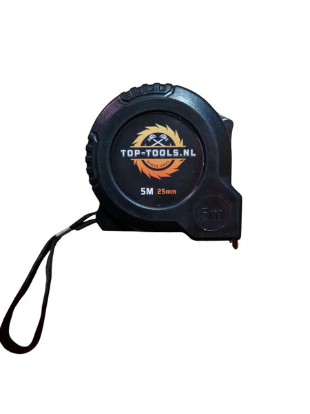 Zwarte Top-Tools.nl rolmaat van 5 meter met een breedte van 25mm.