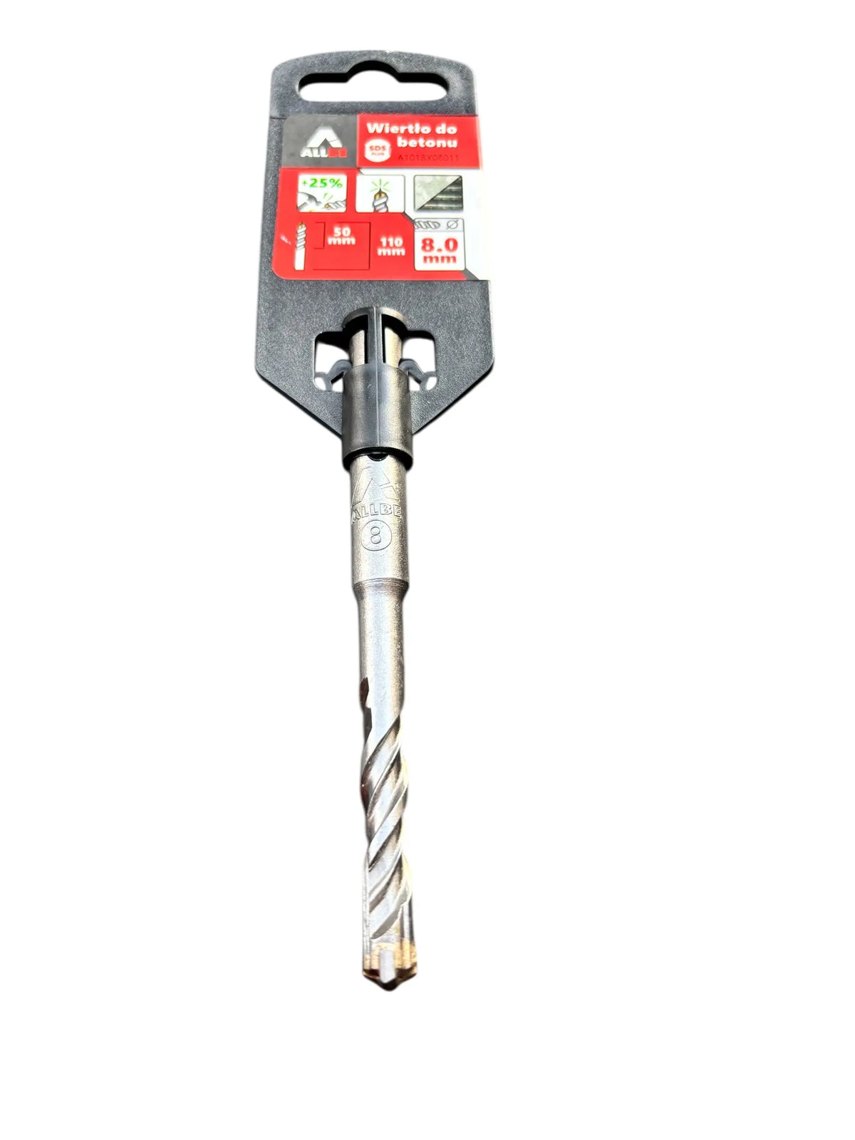 Een SDS-Plus hamerboor van 8 mm met een 4-snijder kruiskop in de verpakking.