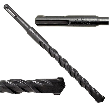 Een zwarte SDS-plus betonboor van 5 mm met een spiraalvormige schacht en een tweesnijdende kop.