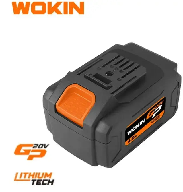 Een zwarte WOKIN 20V 4.0Ah Lithium Tech accu met oranje accenten.