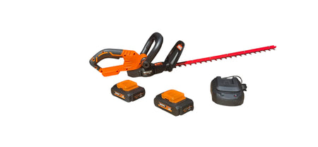 Een WOKIN 20 Volt LI-ion accu heggenschaar met twee accu's en een oplader.