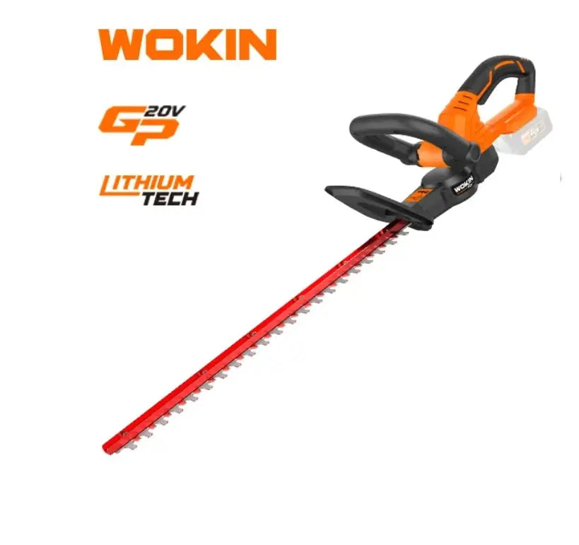 Een oranje en zwarte WOKIN 20V LI-ion accu heggenschaar met een rood blad.