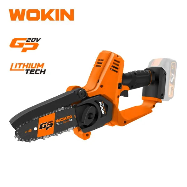 Een oranje WOKIN 20V LI-ION accu snoei kettingzaag met een zwarte ketting en handvat.
