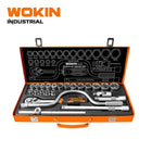 Een open oranje metalen koffer met een WOKIN 24-delige 1/2" doppen set.