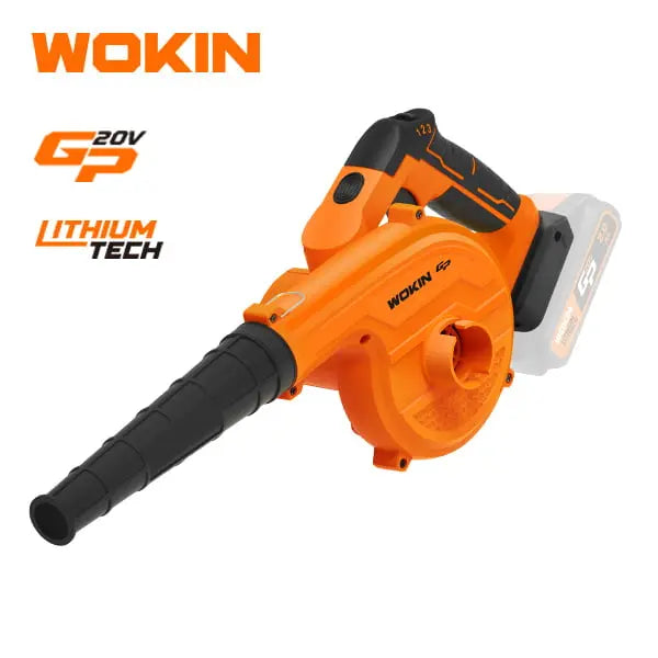 Een oranje WOKIN 20V lithium-ion accubladblazer met een zwarte spuitmond.