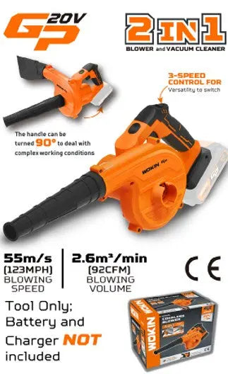 Een oranje Wokin 20V 2-in-1 bladblazer en stofzuiger met een draaibare handgreep.