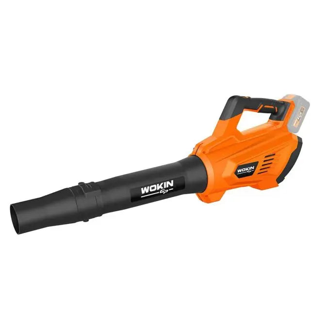 Een oranje en zwarte WOKIN 20 Volt Li-ion accu bladblazer.