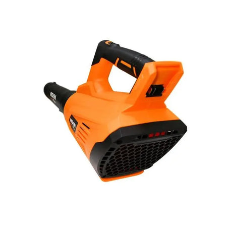 Oranje WOKIN accu-bladblazer met zwarte handgreep en ventilatierooster.