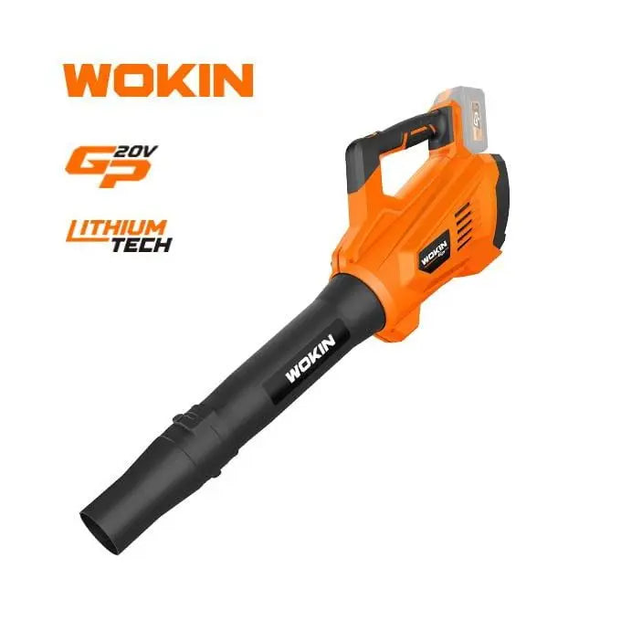 Een oranje en zwarte WOKIN 20V accu-bladblazer met Li-ion technologie.