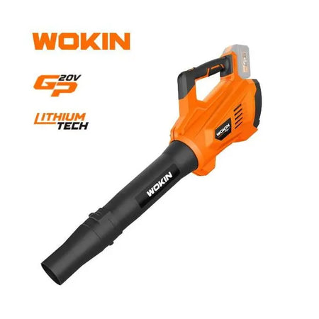 Een oranje en zwarte WOKIN 20V accu-bladblazer met Li-ion technologie.