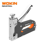 Een WOKIN 3-weg nietmachine in grijs, zilver en oranje.