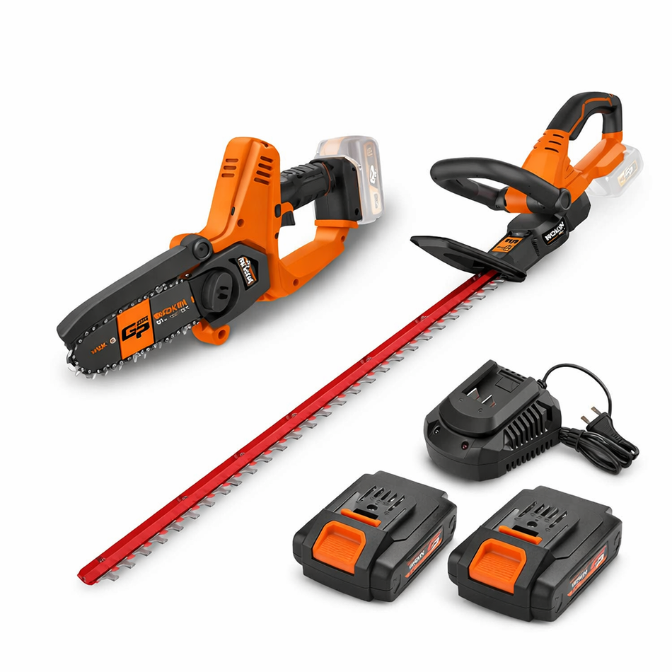 WOKIN 20V Accu Tuingereedschap Set – Heggenschaar, Snoei Kettingzaag, 2 Accu’s & Snellader