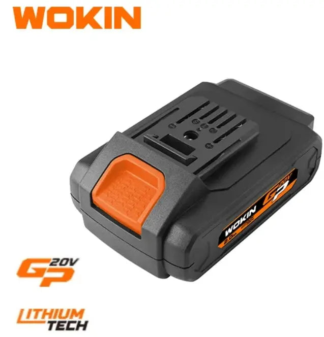 Zwarte Wokin 20V Li-ion accu met oranje accenten.