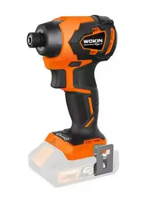 Een oranje en zwarte WOKIN 20V slagschroevendraaier body met riemclip.