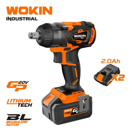 Een oranje en zwarte Wokin 20V slagsleutel met twee 2.0Ah accu's.