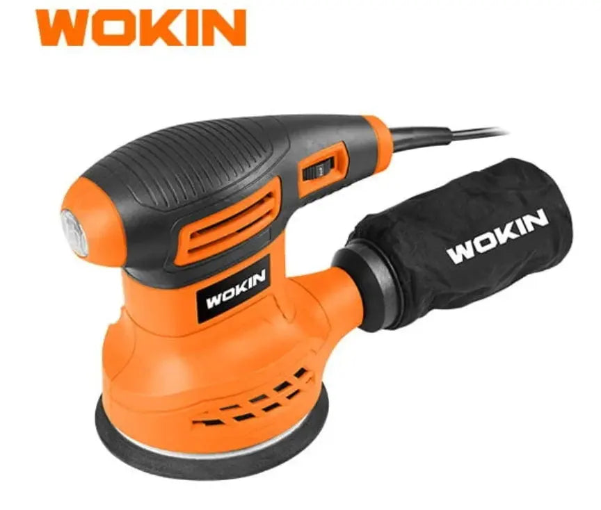 Oranje en zwarte Wokin excentrische schuurmachine met stofzak.