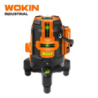 Een oranje en zwarte Wokin 5-lijns zelfnivellerende kruislijnlaser met groene stralen.