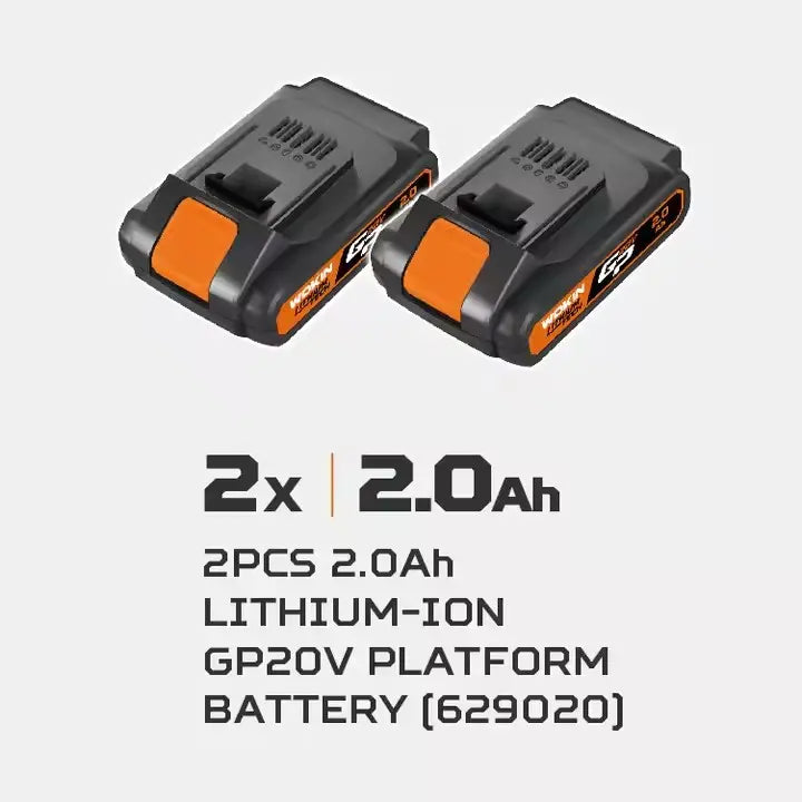 Twee zwarte en oranje 2.0Ah lithium-ion GP20V platform accu's.