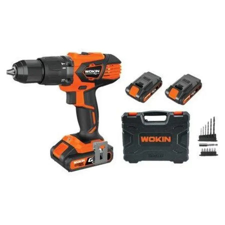 Wokin 20V klopboor-/schroefmachine set met twee accu's, oplader, accessoires en koffer.