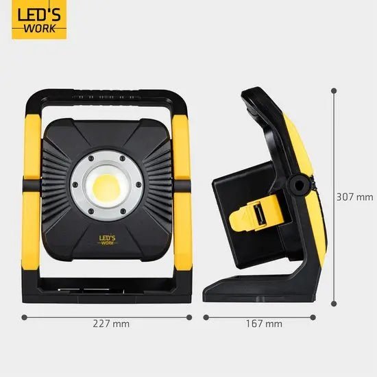 LED's Work 18V Acculamp Werklamp - Incl Adapters - LED Werklamp 5000lm – Klasse 3 • IP54 • IK08 • Dimbaar • Compatibel met Makita, Bosch, DeWalt & Metabo - Top - Tools.nl