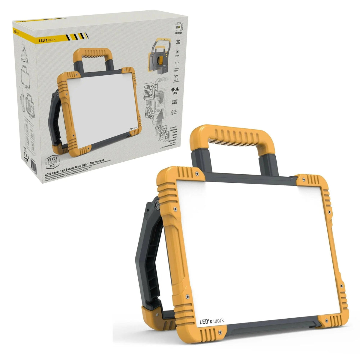 LED's Work Draadloze LED Bouwlamp 5200 - Werkt op accu's van Makita, Bosch, Dewalt, Milwaukee, Metabo – IP54 - Top - Tools.nl