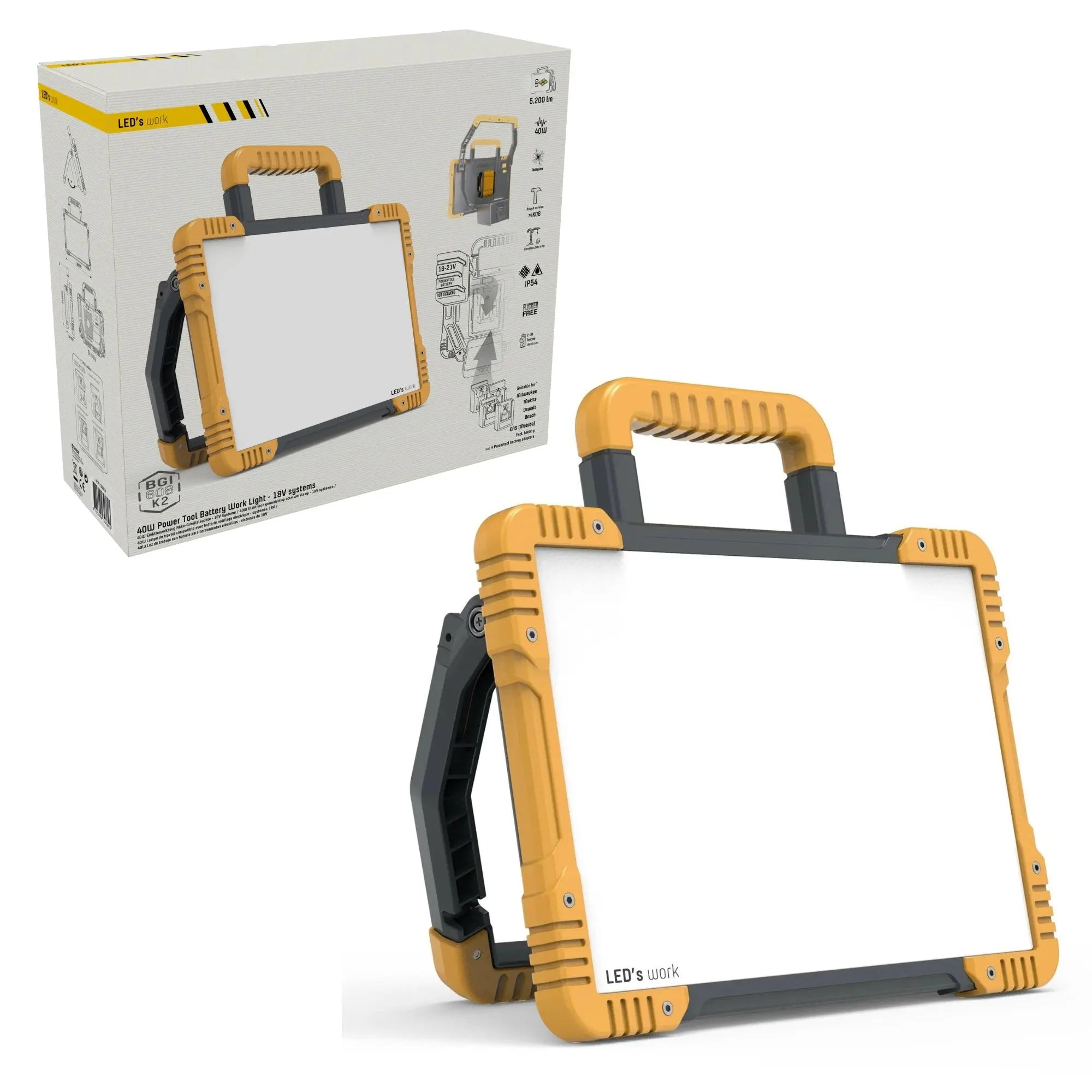LED's Work Draadloze LED Bouwlamp 5200 - Werkt op accu's van Makita, Bosch, Dewalt, Milwaukee, Metabo – IP54 - Top - Tools.nl